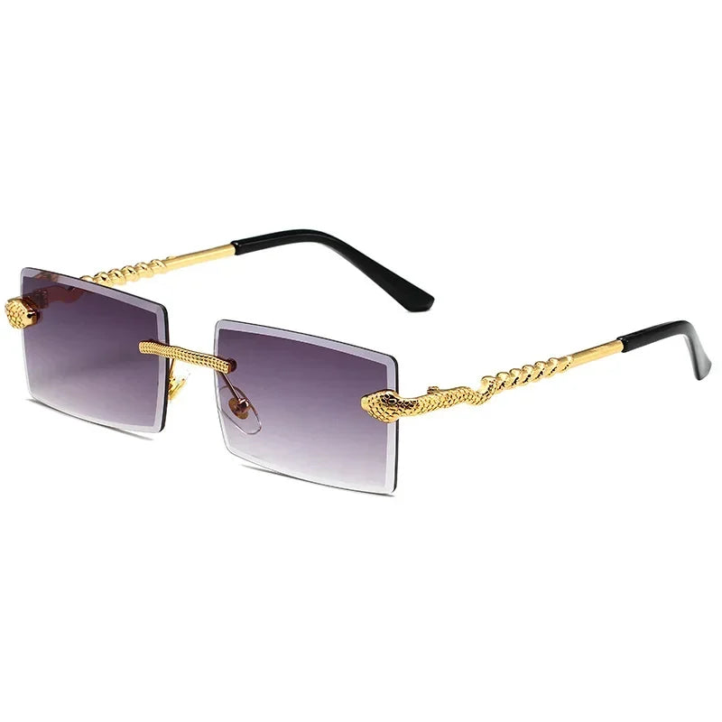 Óculos de sol feminino de luxo, armação quadrada sem aro, tendência torcida, perna de cobra, gradiente, para homens, moda de luxo, anti-uv