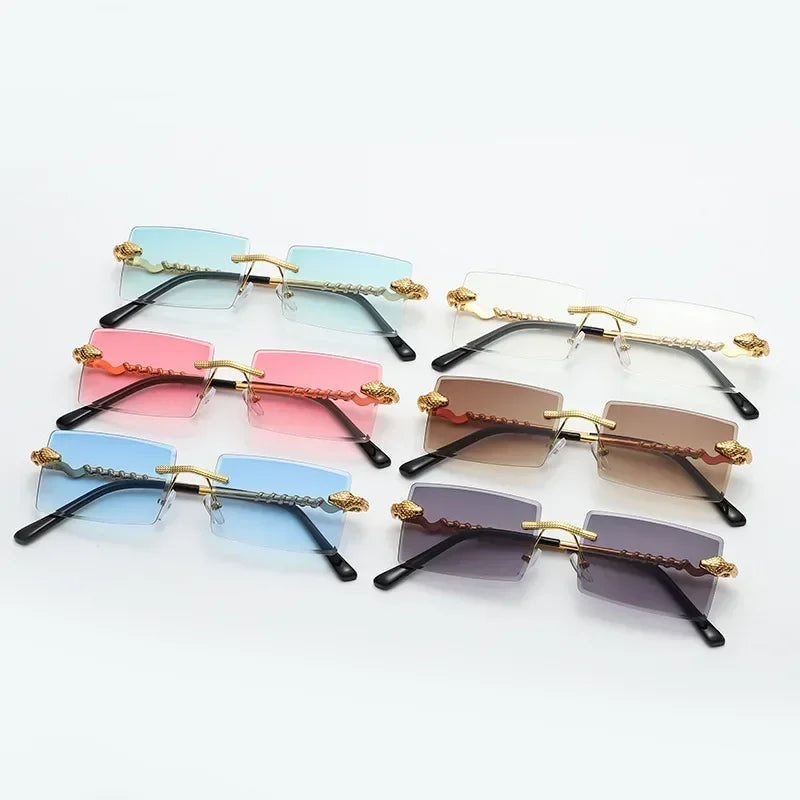 Óculos de sol feminino de luxo, armação quadrada sem aro, tendência torcida, perna de cobra, gradiente, para homens, moda de luxo, anti-uv