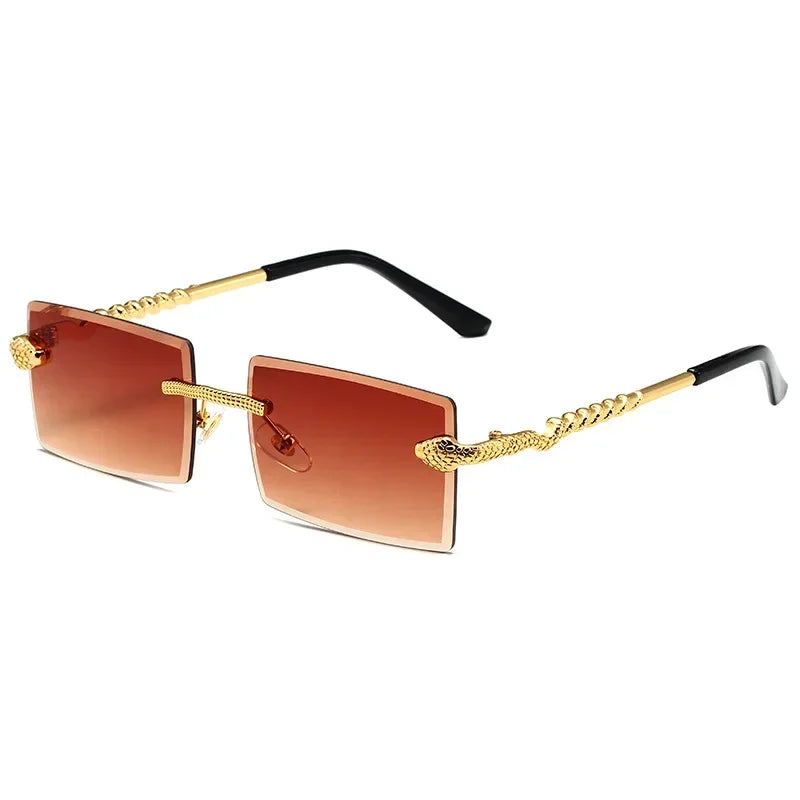 Óculos de sol feminino de luxo, armação quadrada sem aro, tendência torcida, perna de cobra, gradiente, para homens, moda de luxo, anti-uv