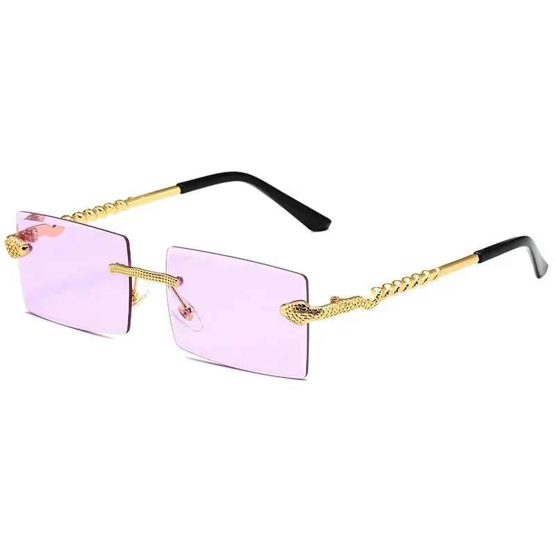 Óculos de sol feminino de luxo, armação quadrada sem aro, tendência torcida, perna de cobra, gradiente, para homens, moda de luxo, anti-uv