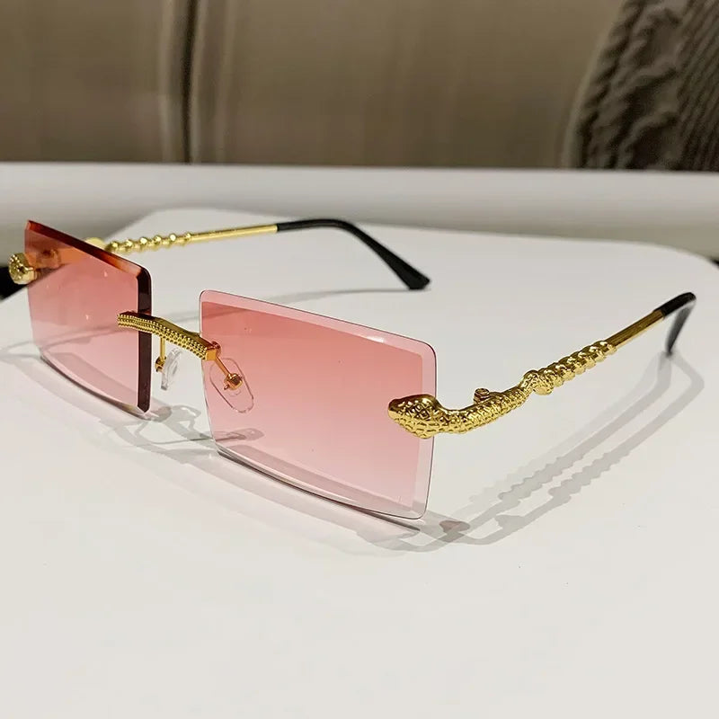 Óculos de sol feminino de luxo, armação quadrada sem aro, tendência torcida, perna de cobra, gradiente, para homens, moda de luxo, anti-uv