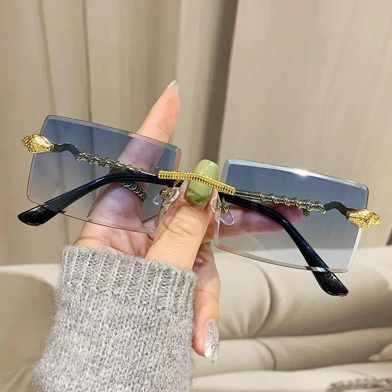 Óculos de sol feminino de luxo, armação quadrada sem aro, tendência torcida, perna de cobra, gradiente, para homens, moda de luxo, anti-uv
