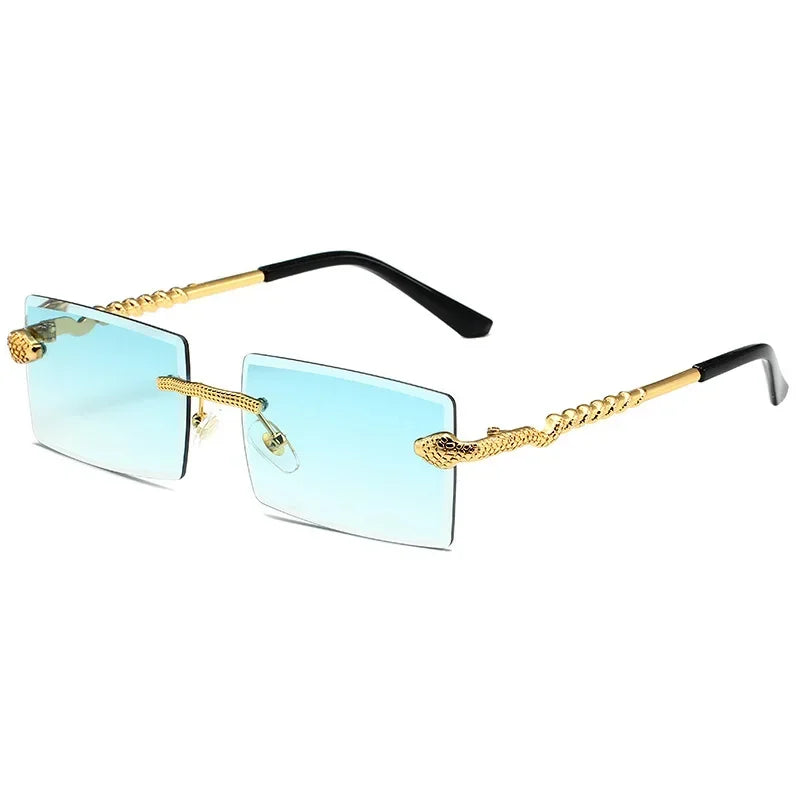 Óculos de sol feminino de luxo, armação quadrada sem aro, tendência torcida, perna de cobra, gradiente, para homens, moda de luxo, anti-uv