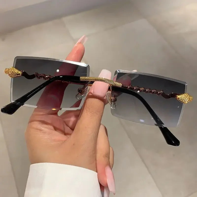 Óculos de sol feminino de luxo, armação quadrada sem aro, tendência torcida, perna de cobra, gradiente, para homens, moda de luxo, anti-uv
