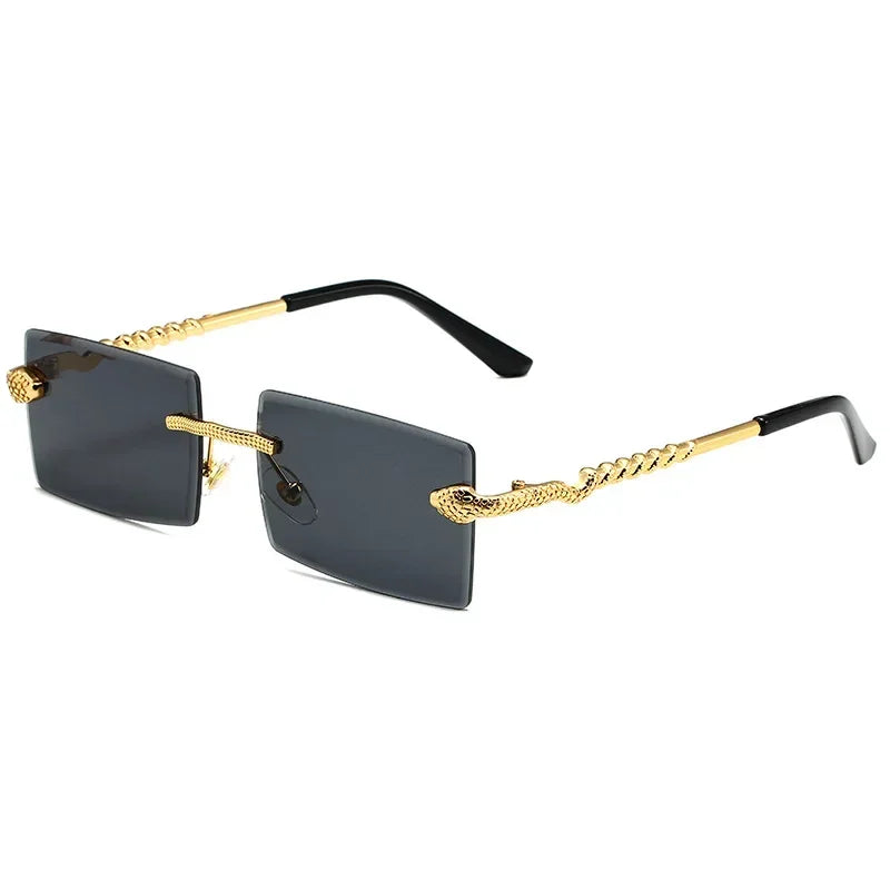 Óculos de sol feminino de luxo, armação quadrada sem aro, tendência torcida, perna de cobra, gradiente, para homens, moda de luxo, anti-uv