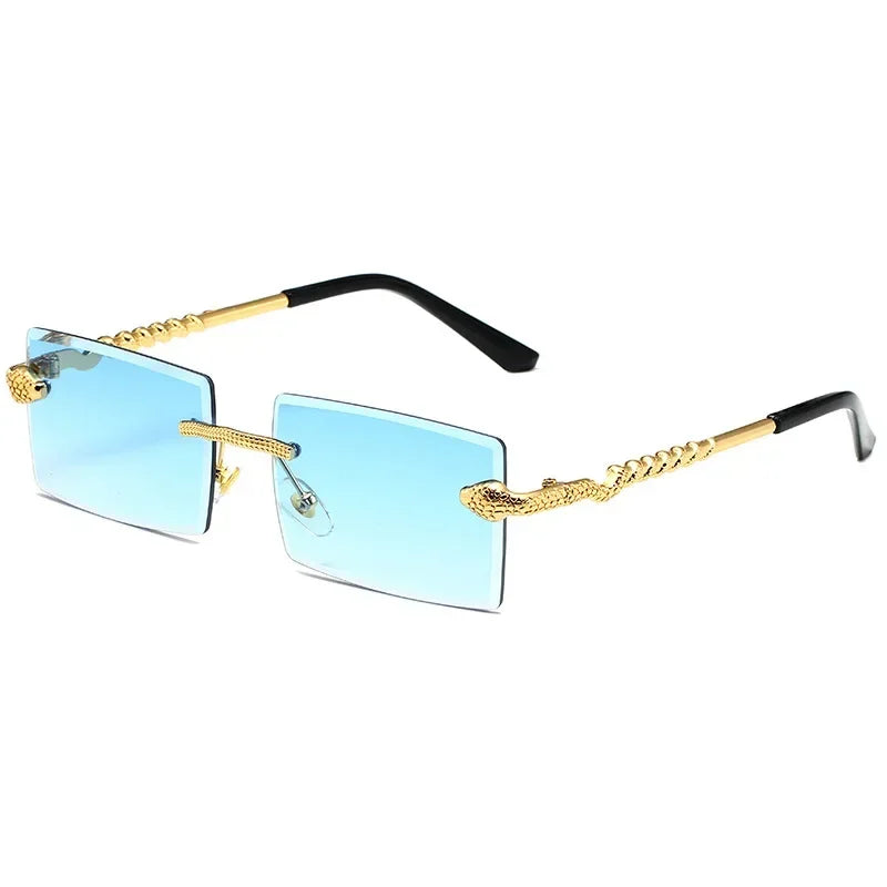 Óculos de sol feminino de luxo, armação quadrada sem aro, tendência torcida, perna de cobra, gradiente, para homens, moda de luxo, anti-uv